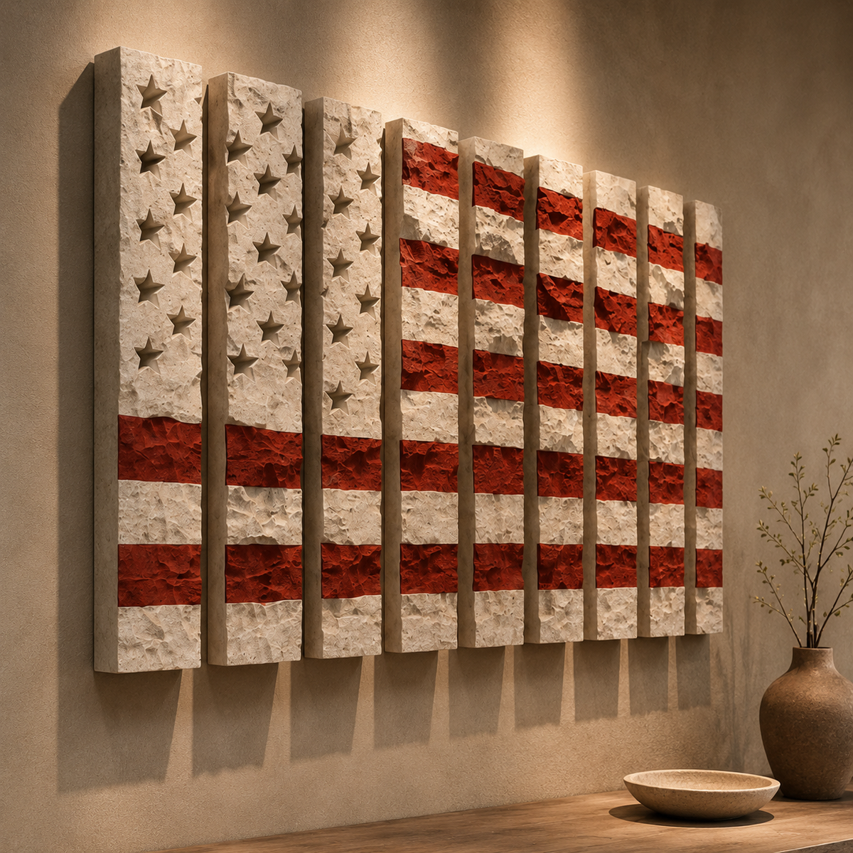 Deconstructed American Flag plaster wall relief shown as a full wall composition