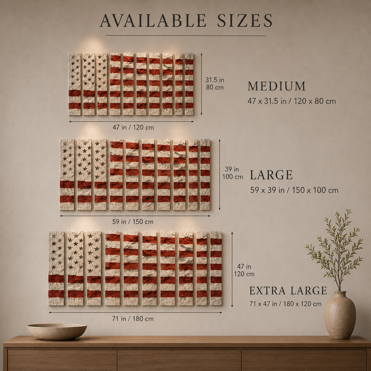 Deconstructed American Flag wall art built from thirteen textured plaster relief panels