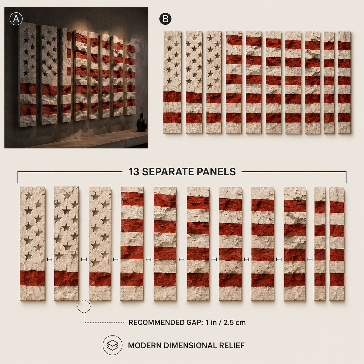 Detail of the recessed stars and rustic red stripes on the plaster flag wall sculpture