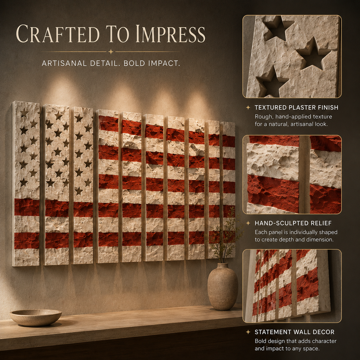 The thirteen-panel plaster relief flag, hand-finished with a textured surface