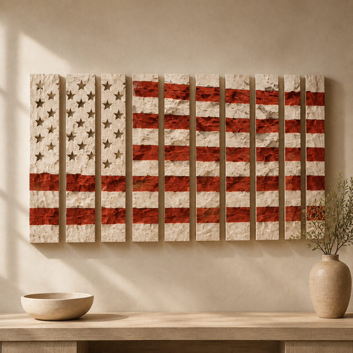 Deconstructed American Flag wall art built from thirteen textured plaster relief panels