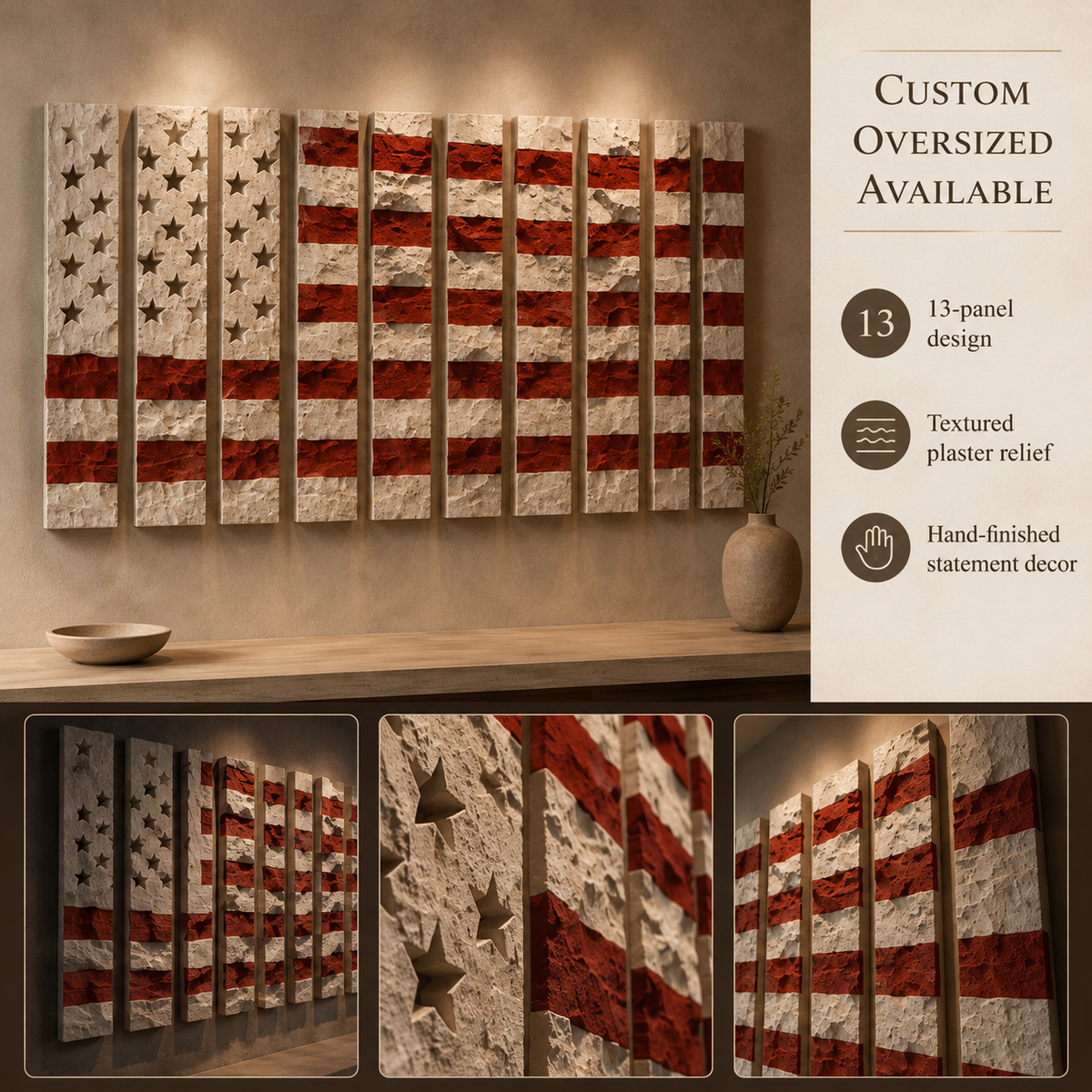 Deconstructed American Flag Wall Art – 13 Panel Textured Plaster Relief Sculpture