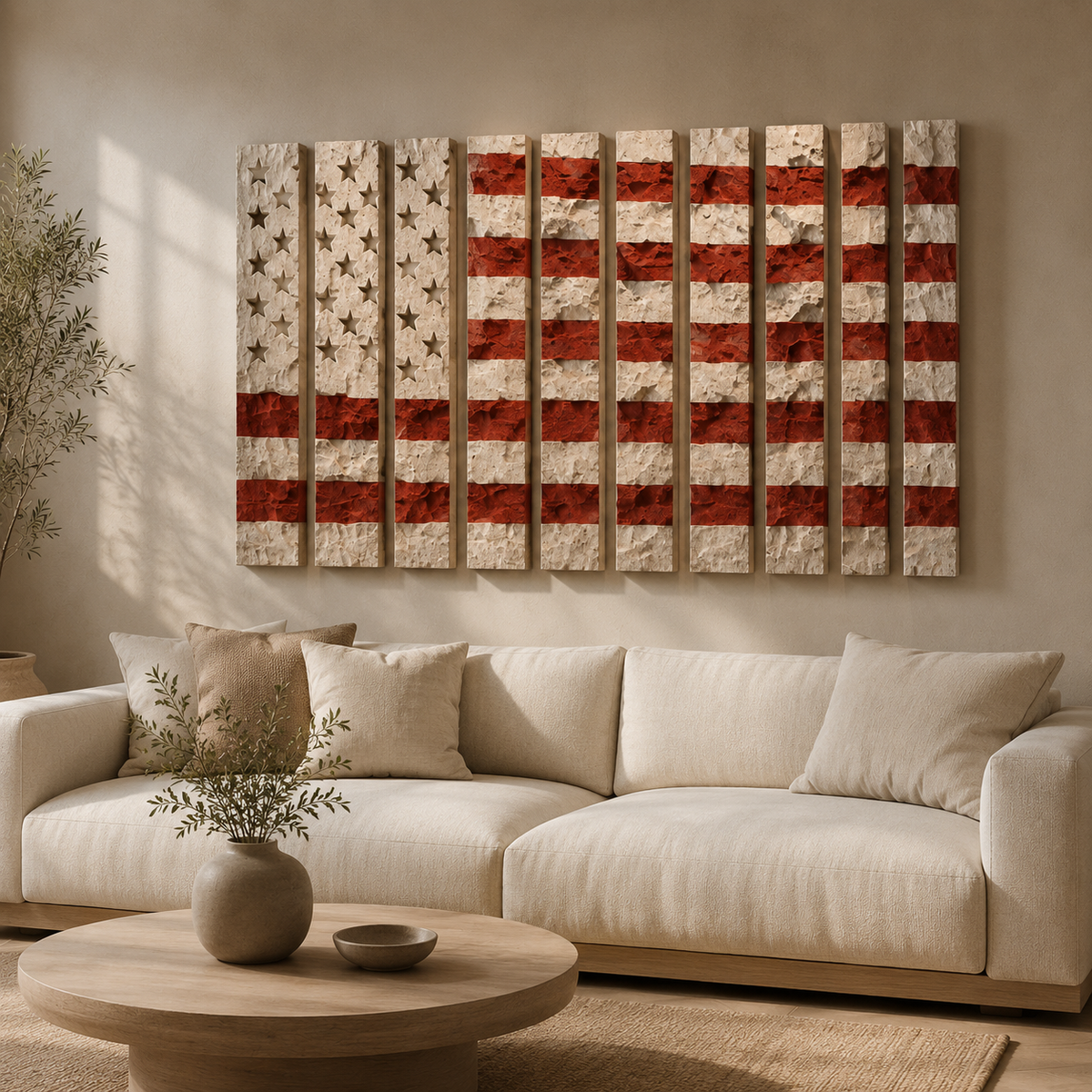 Detail of the recessed stars and rustic red stripes on the plaster flag wall sculpture
