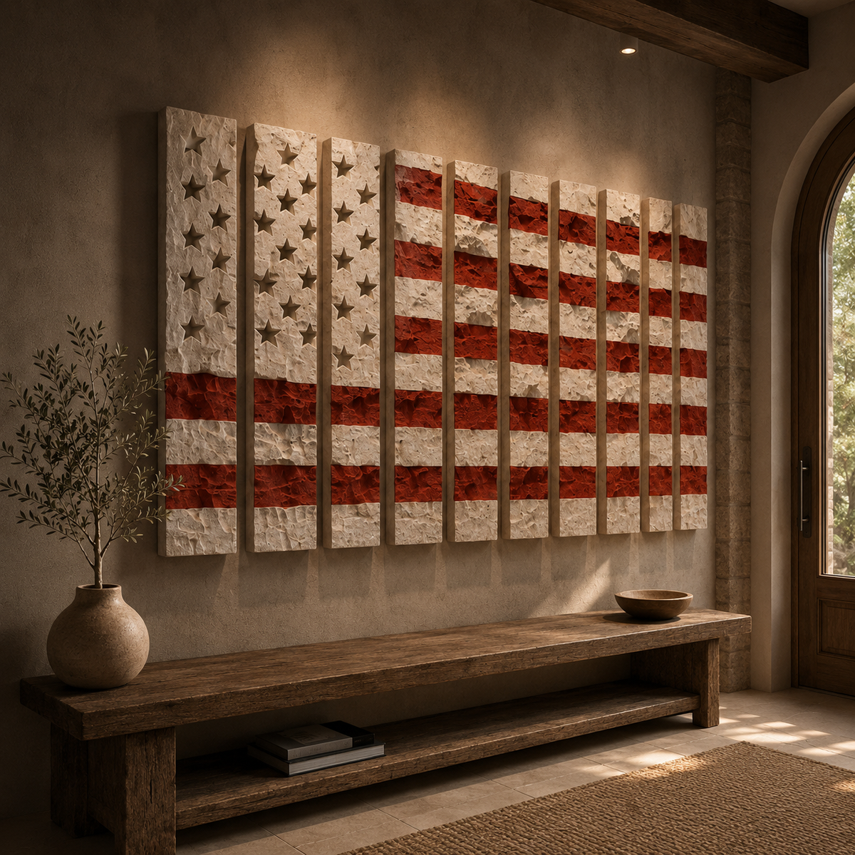Deconstructed American Flag Wall Art – 13 Panel Textured Plaster Relief Sculpture