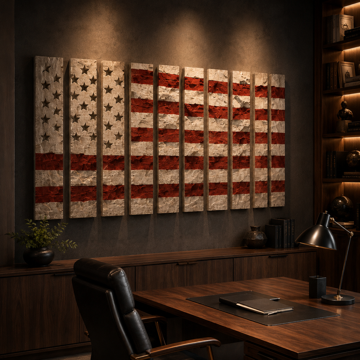 Deconstructed American Flag Wall Art – 13 Panel Textured Plaster Relief Sculpture