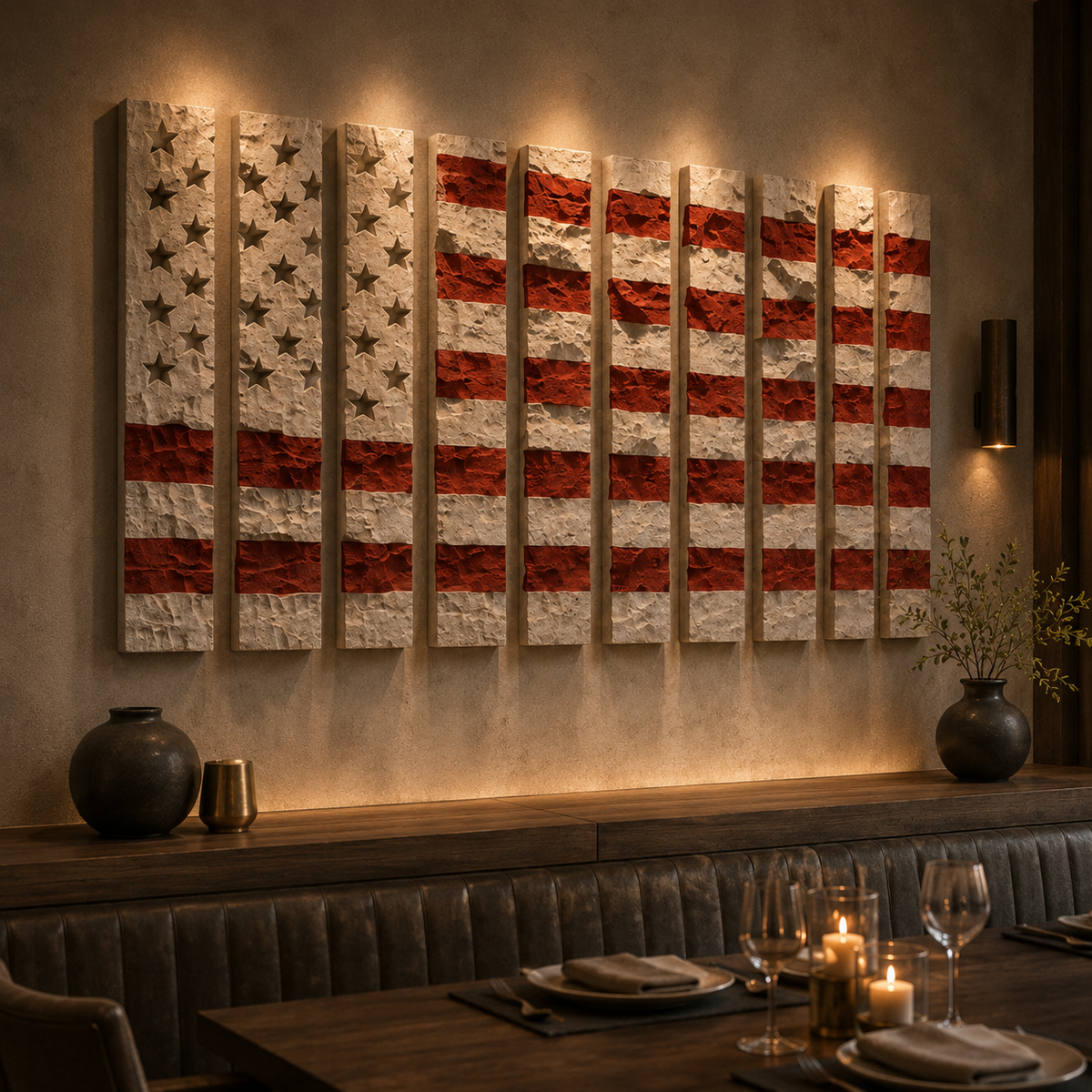 Deconstructed American Flag Wall Art – 13 Panel Textured Plaster Relief Sculpture