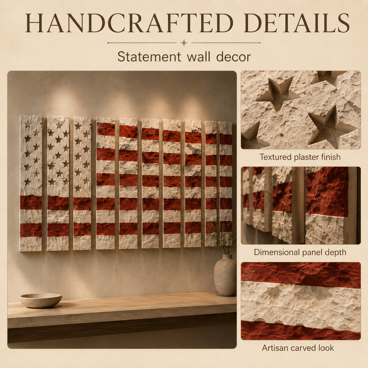 Deconstructed American Flag Wall Art – 13 Panel Textured Plaster Relief Sculpture