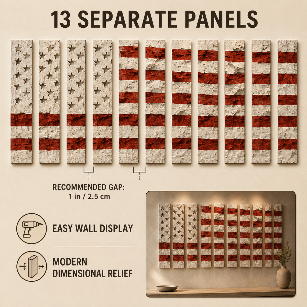 Deconstructed American Flag Wall Art – 13 Panel Textured Plaster Relief Sculpture