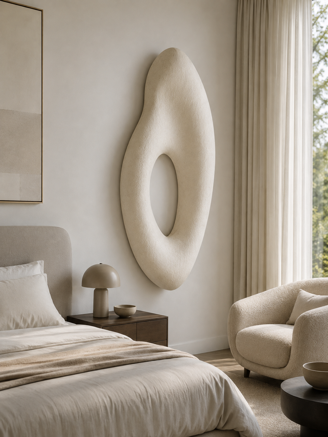 Detail of the matte stone-like plaster surface on the Forma Void wall sculpture