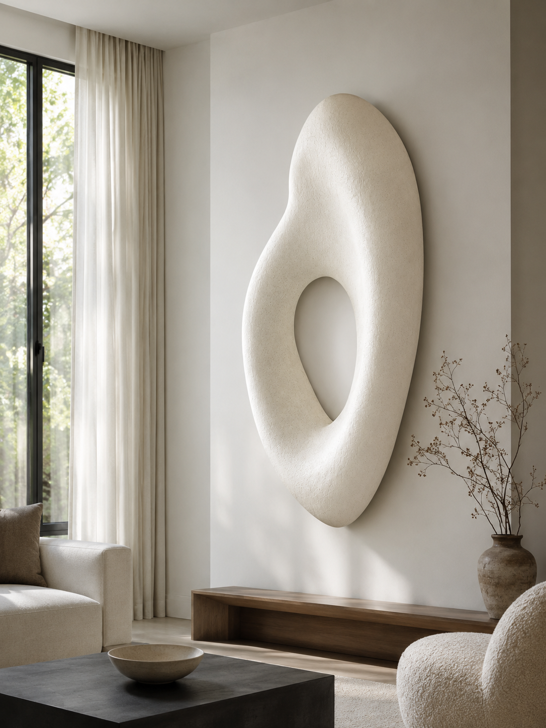 Forma Void organic plaster wall sculpture in ivory white, shown mounted on a wall