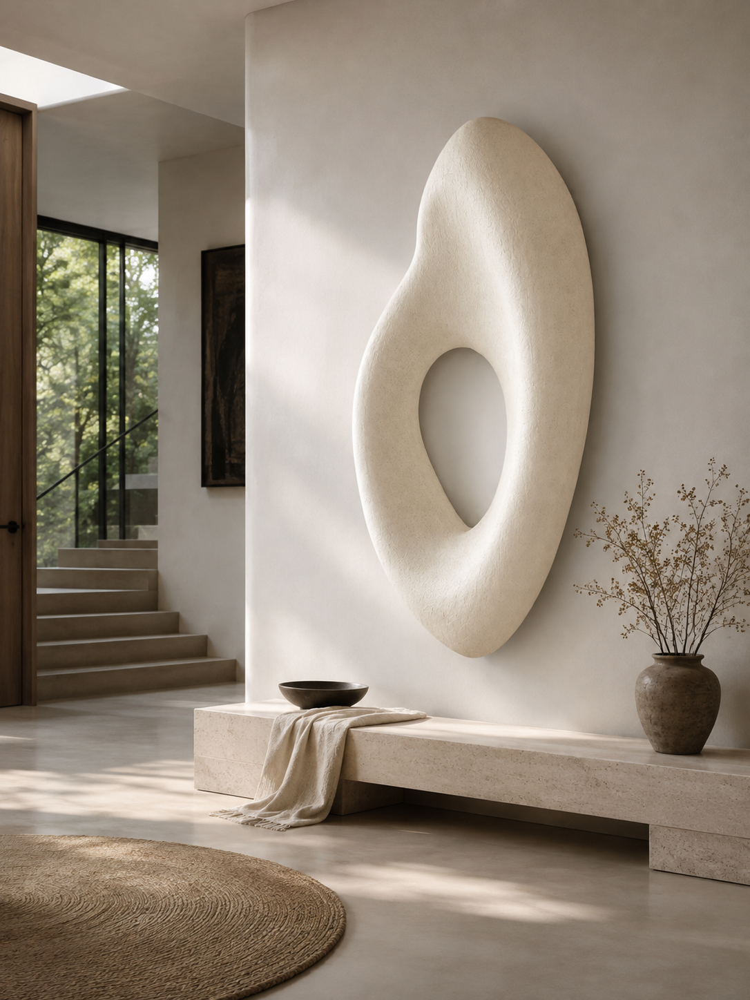 The curved profile of the Forma Void wall sculpture, hand-finished in layered mineral plaster