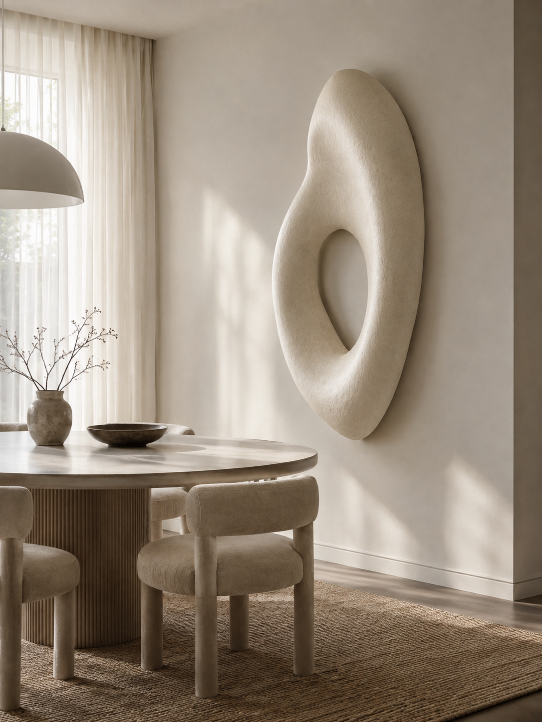 Forma Void large organic wall sculpture in hand-finished mineral plaster, with a carved negative-space opening