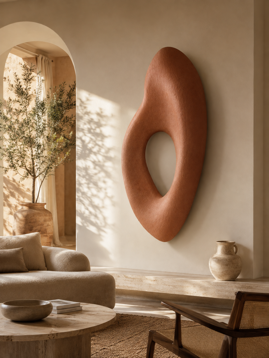 The curved profile of the Forma Void wall sculpture, hand-finished in layered mineral plaster