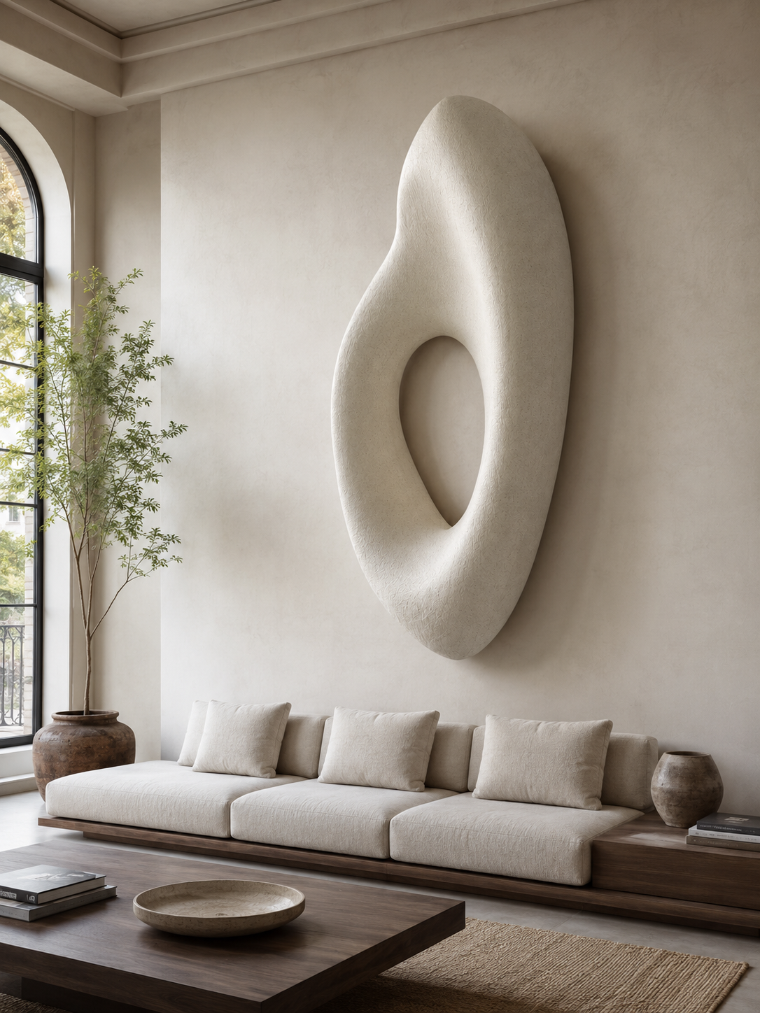 Forma Void large organic wall sculpture in hand-finished mineral plaster, with a carved negative-space opening
