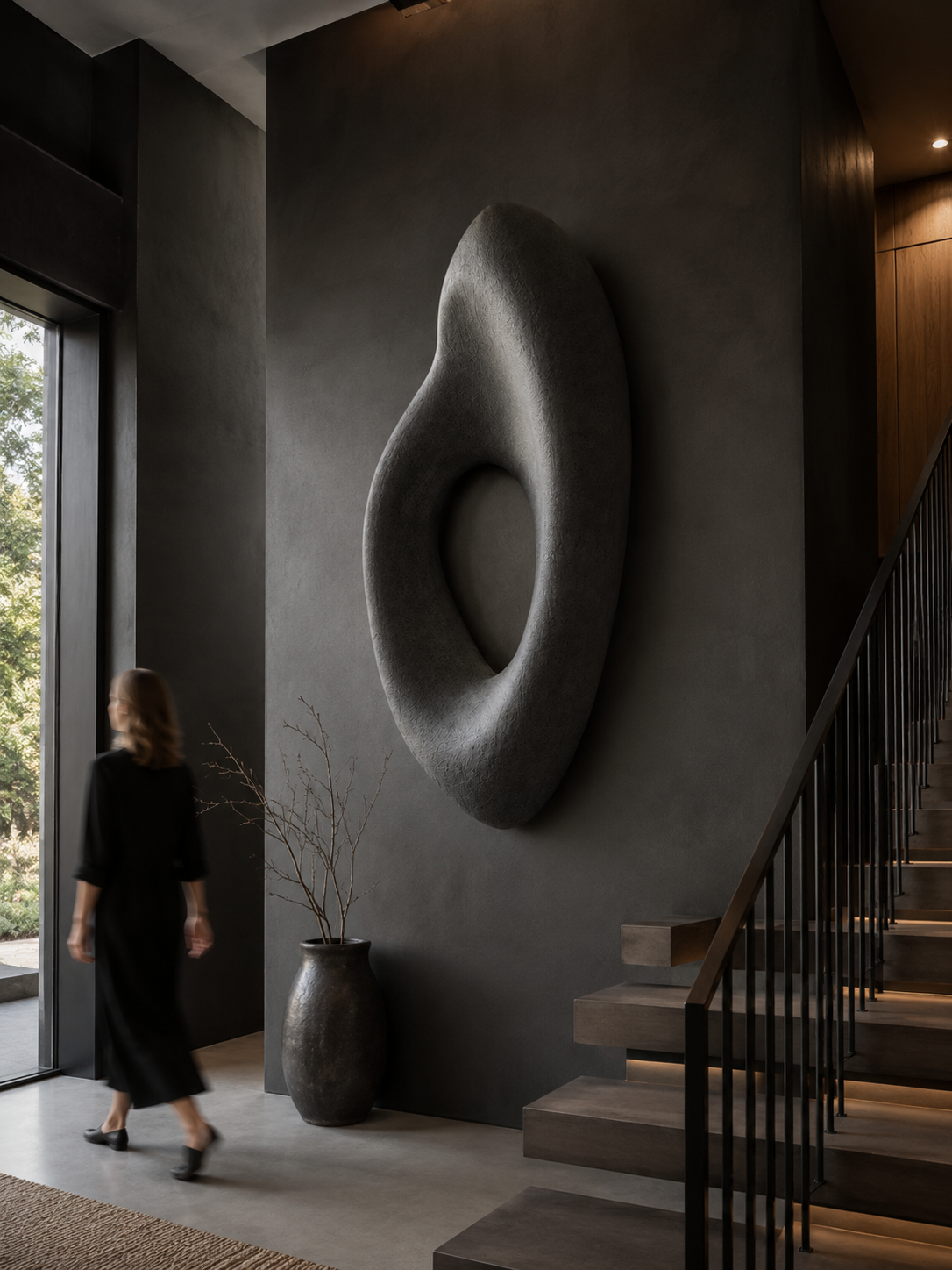 Detail of the matte stone-like plaster surface on the Forma Void wall sculpture