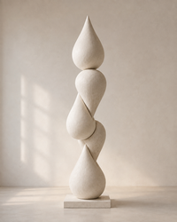 A minimalist abstract sculpture made of stacked teardrop-shaped organic forms on a rectangular base, photographed indoors against a warm beige wall with soft window-shadow light.