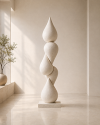 A minimalist abstract sculpture made of stacked teardrop and spiral forms in a warm off-white stone or concrete finish, displayed on a matching rectangular base in a softly lit interior room with a potted plant at the left.