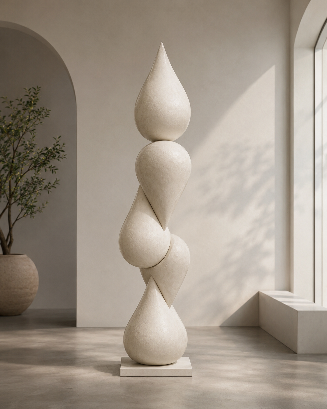 Harmony Totem against a plaster wall beside a vase and a potted plant