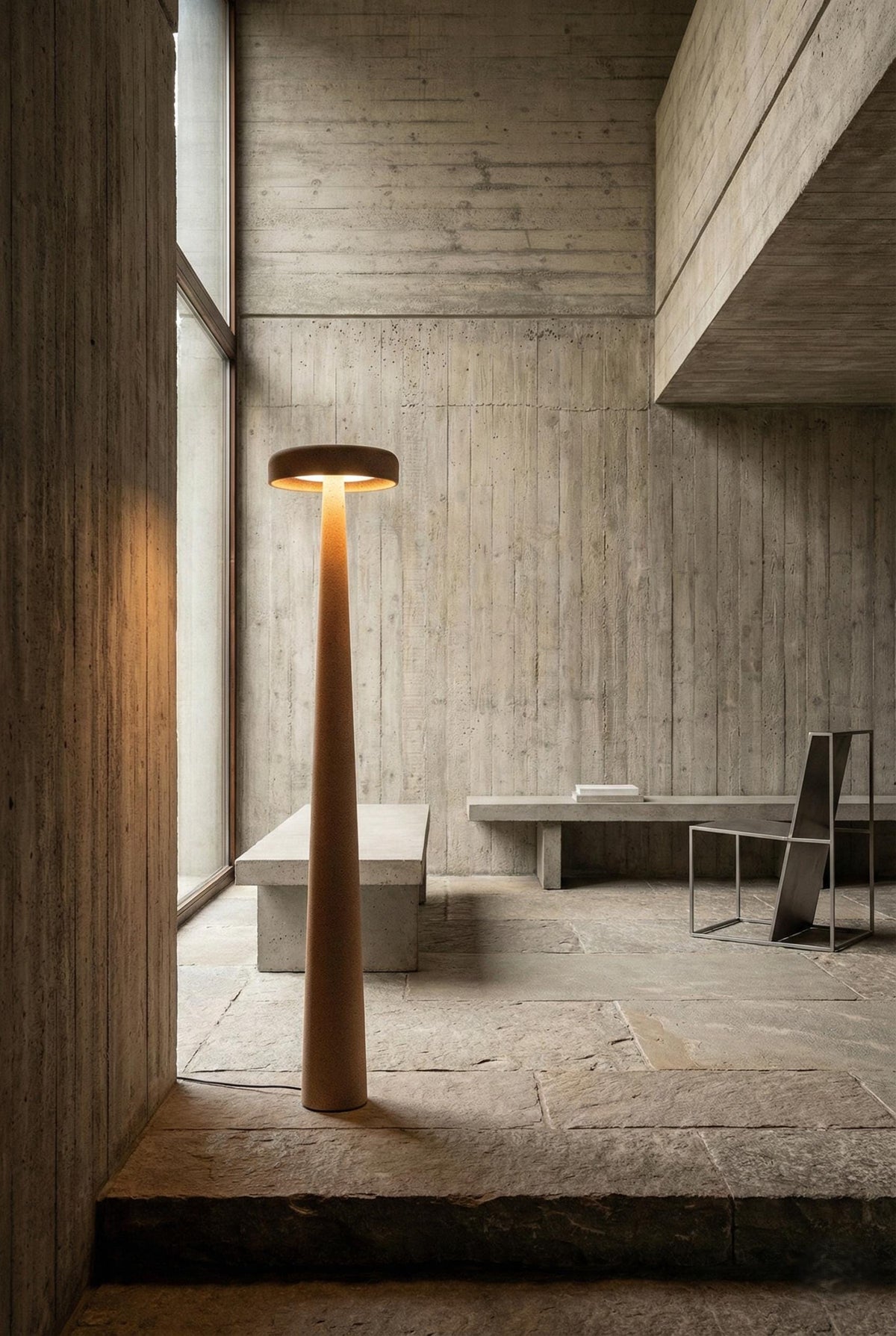 MonoMush Floor Lamp No.99 — a handmade sculptural floor lamp with a stone-effect plaster finish over a high-density foam body