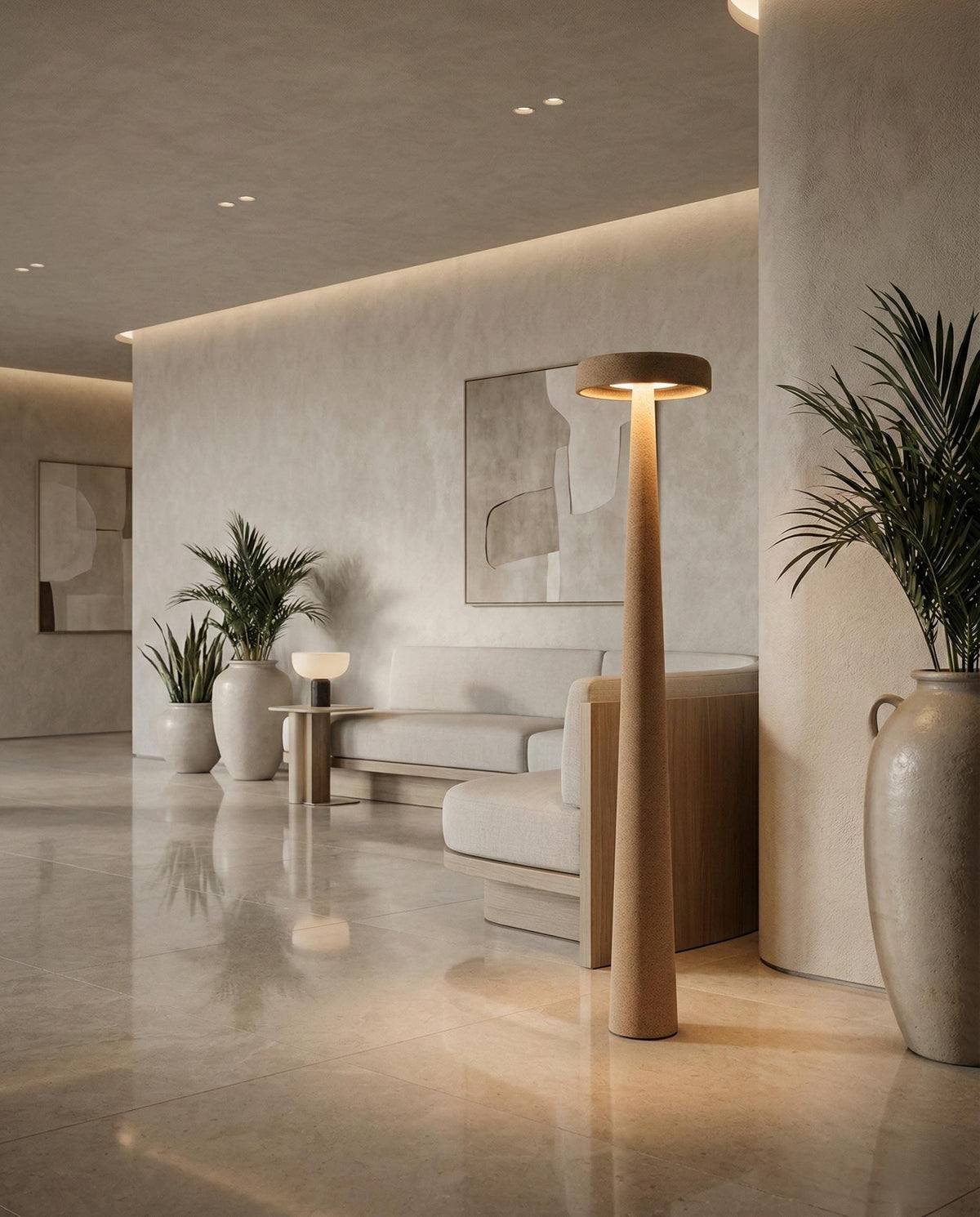 MonoMush Floor Lamp No.99 — a handmade sculptural floor lamp with a stone-effect plaster finish over a high-density foam body