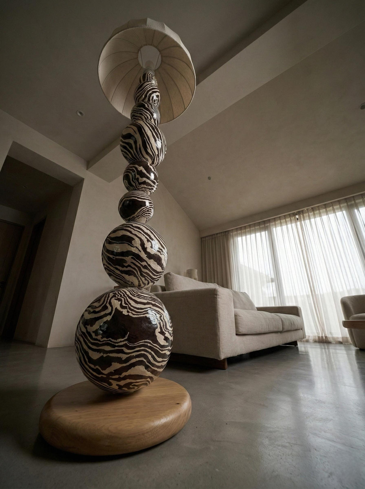 Zebra Sphere Mushroom Lamp — a handcrafted stacked-sphere floor lamp with a zebra-patterned plaster body and linen shade