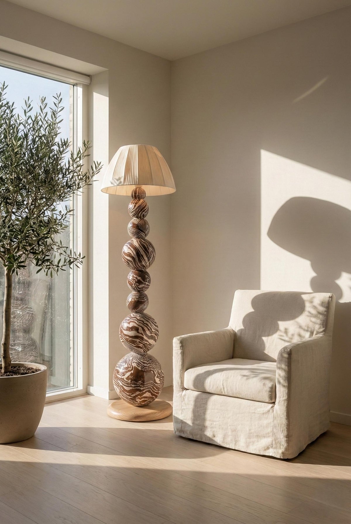 Zebra Sphere Mushroom Lamp — a handcrafted stacked-sphere floor lamp with a zebra-patterned plaster body and linen shade