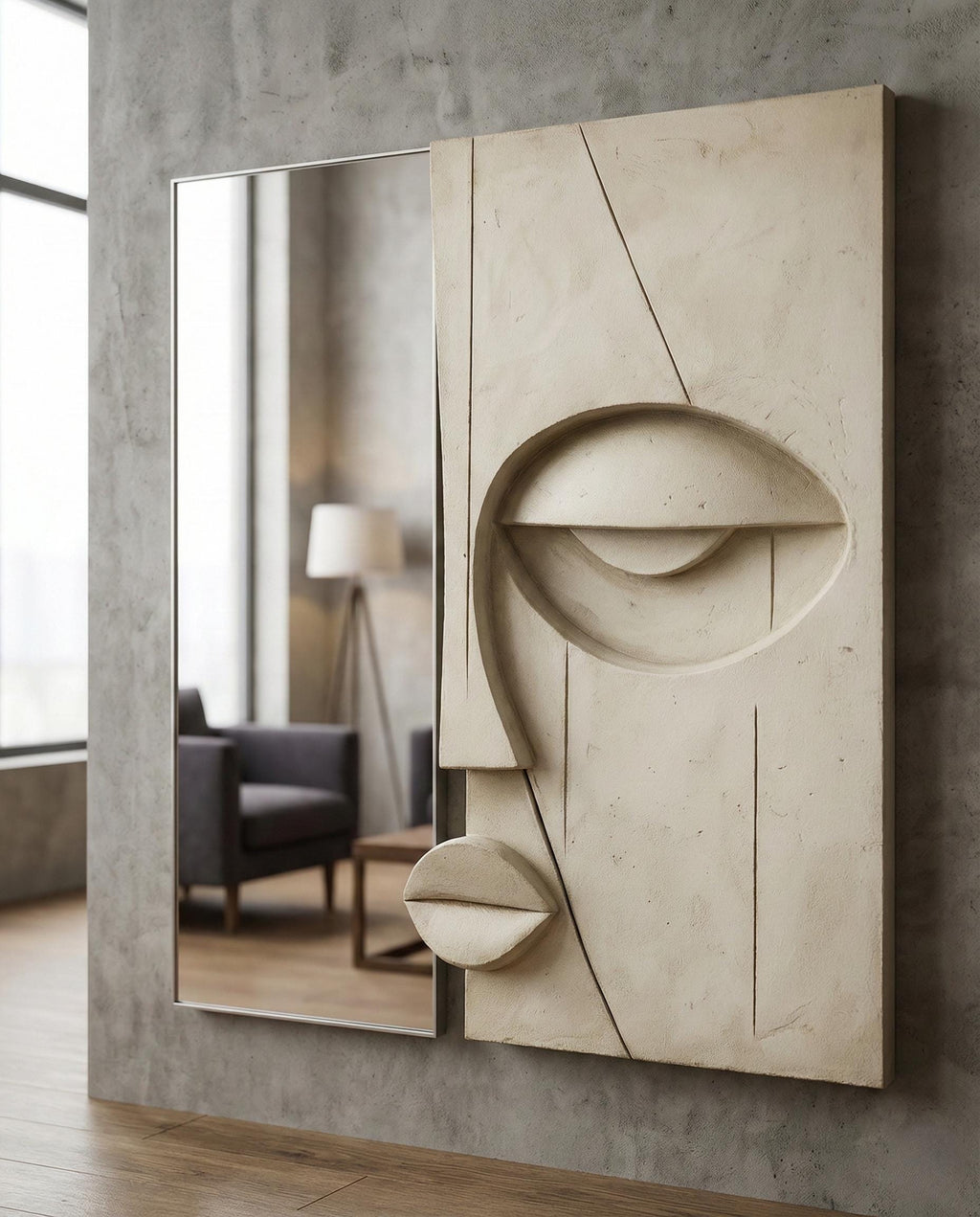 Sculptural Plaster Wall Mirror – Handmade Wabi Sabi Wall Art