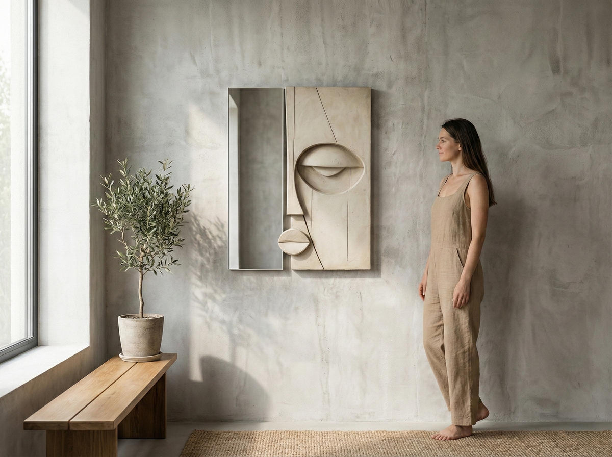 Sculptural Plaster Mirror — a handcrafted wall mirror with a hand-troweled mineral plaster frame and real glass