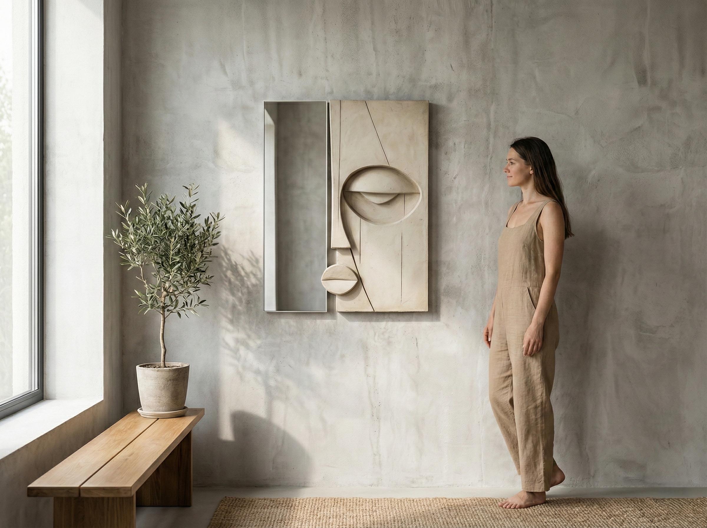 Sculptural Plaster Wall Mirror – Handmade Wabi Sabi Wall Art
