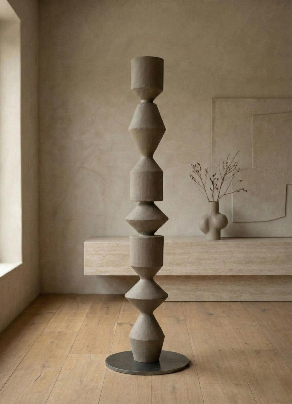 Large Modern Sculptural Totem - Minimalist Organic Art Column Handmade Plaster Coated Art Object