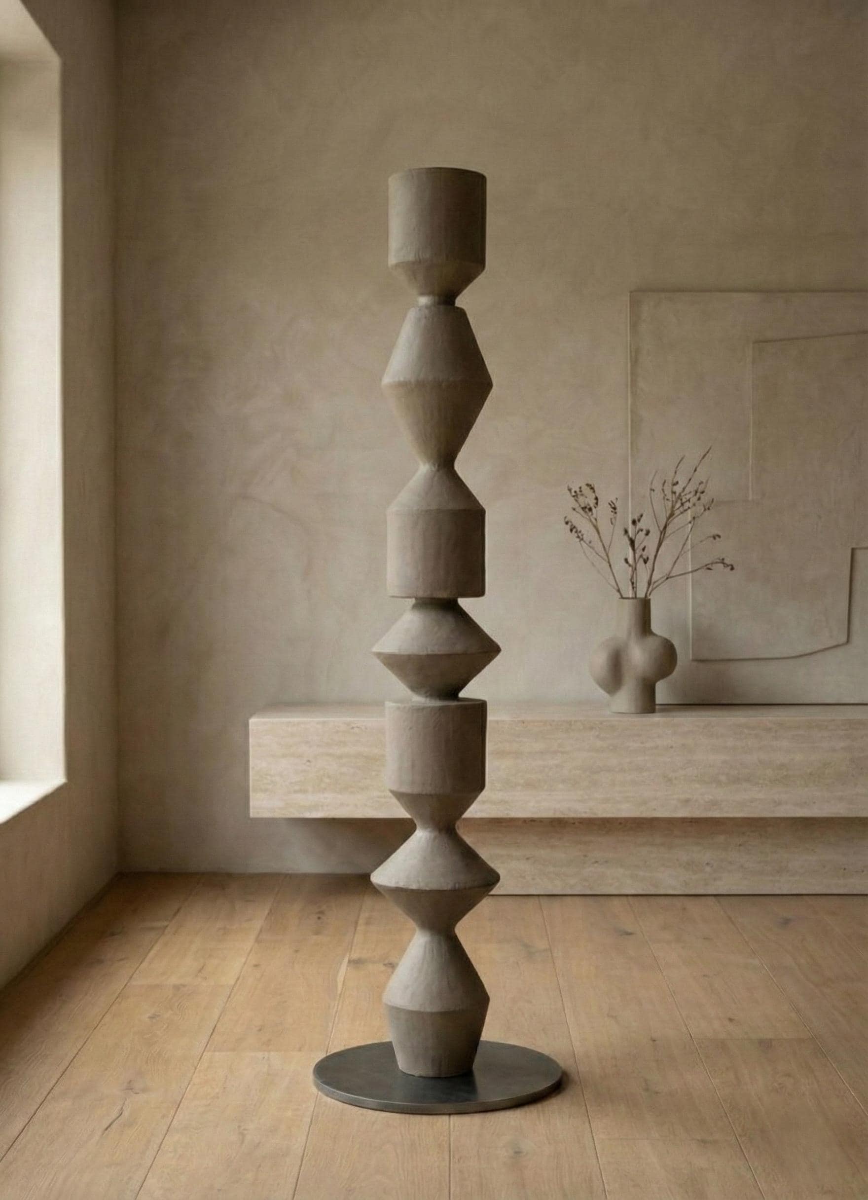 Large Modern Sculptural Totem - Minimalist Organic Art Column Handmade Plaster Coated Art Object