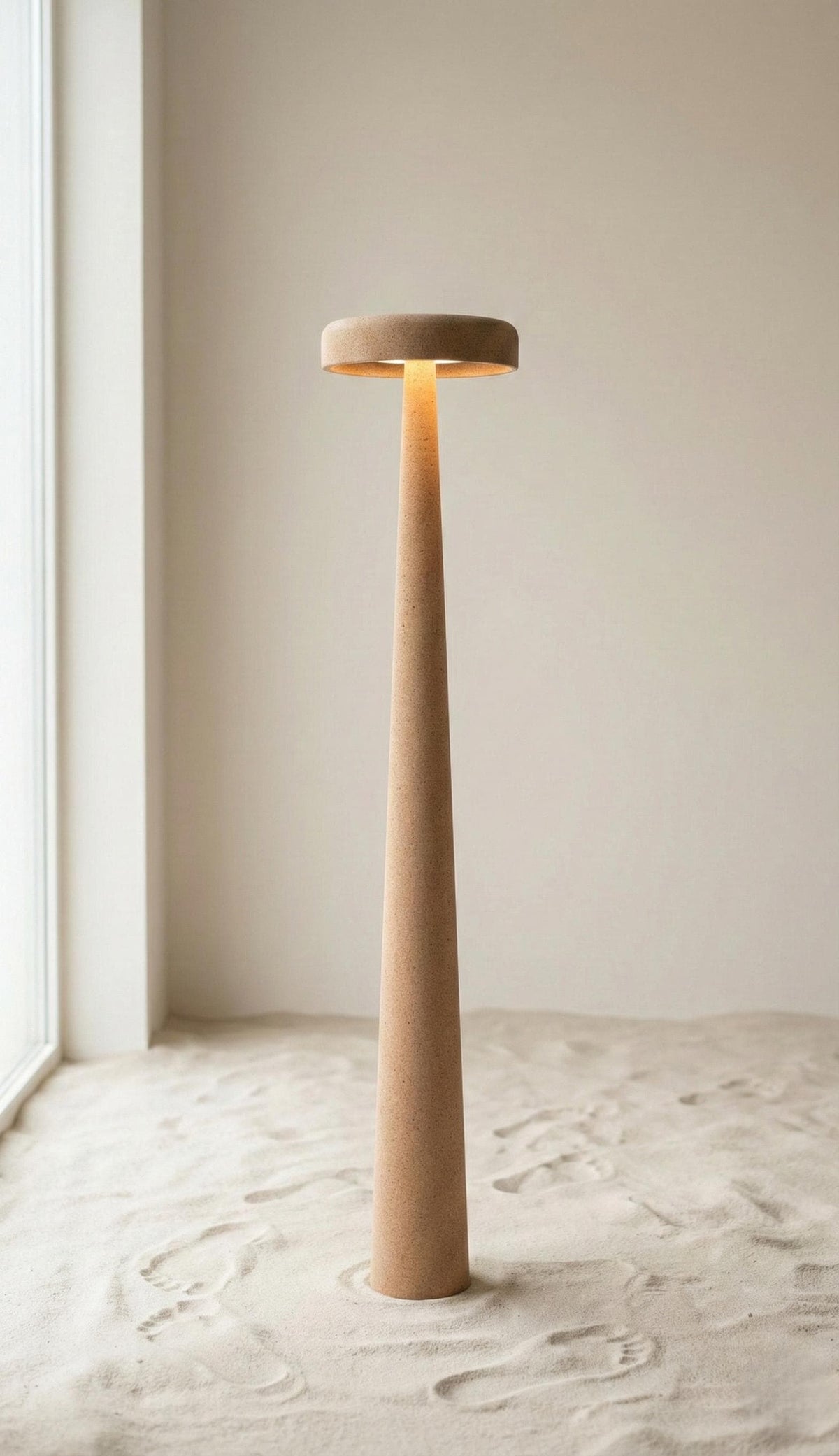 MonoMush Floor Lamp No.99 — a handmade sculptural floor lamp with a stone-effect plaster finish over a high-density foam body