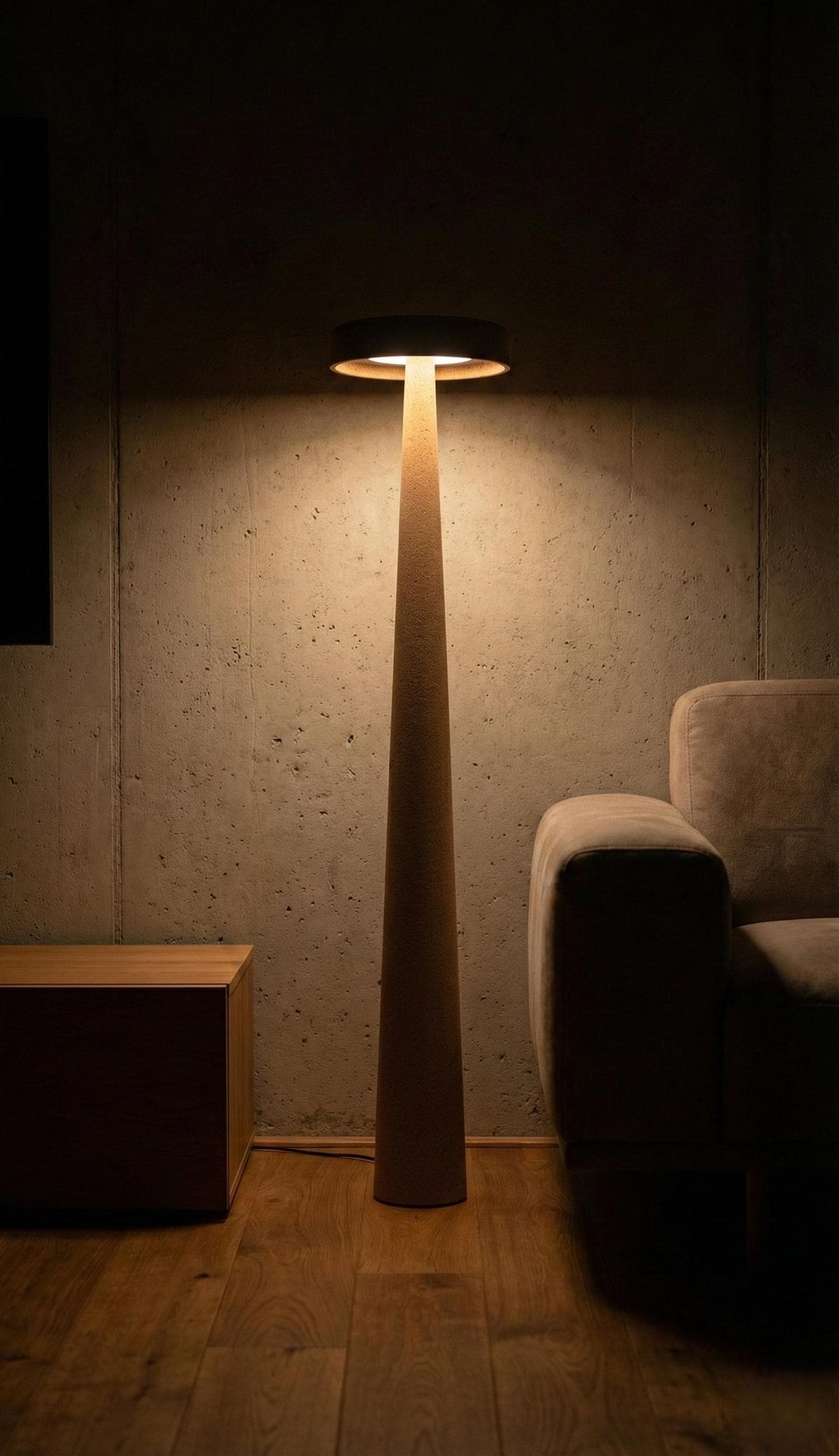 MonoMush Floor Lamp No.99 — a handmade sculptural floor lamp with a stone-effect plaster finish over a high-density foam body