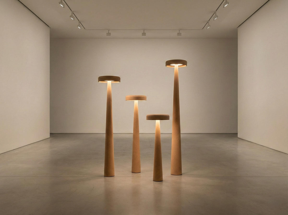 MonoMush Floor Lamp No.99 — a handmade sculptural floor lamp with a stone-effect plaster finish over a high-density foam body