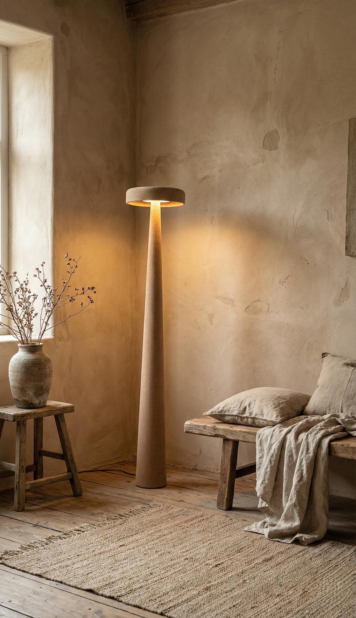 MonoMush Floor Lamp No.99 — a handmade sculptural floor lamp with a stone-effect plaster finish over a high-density foam body