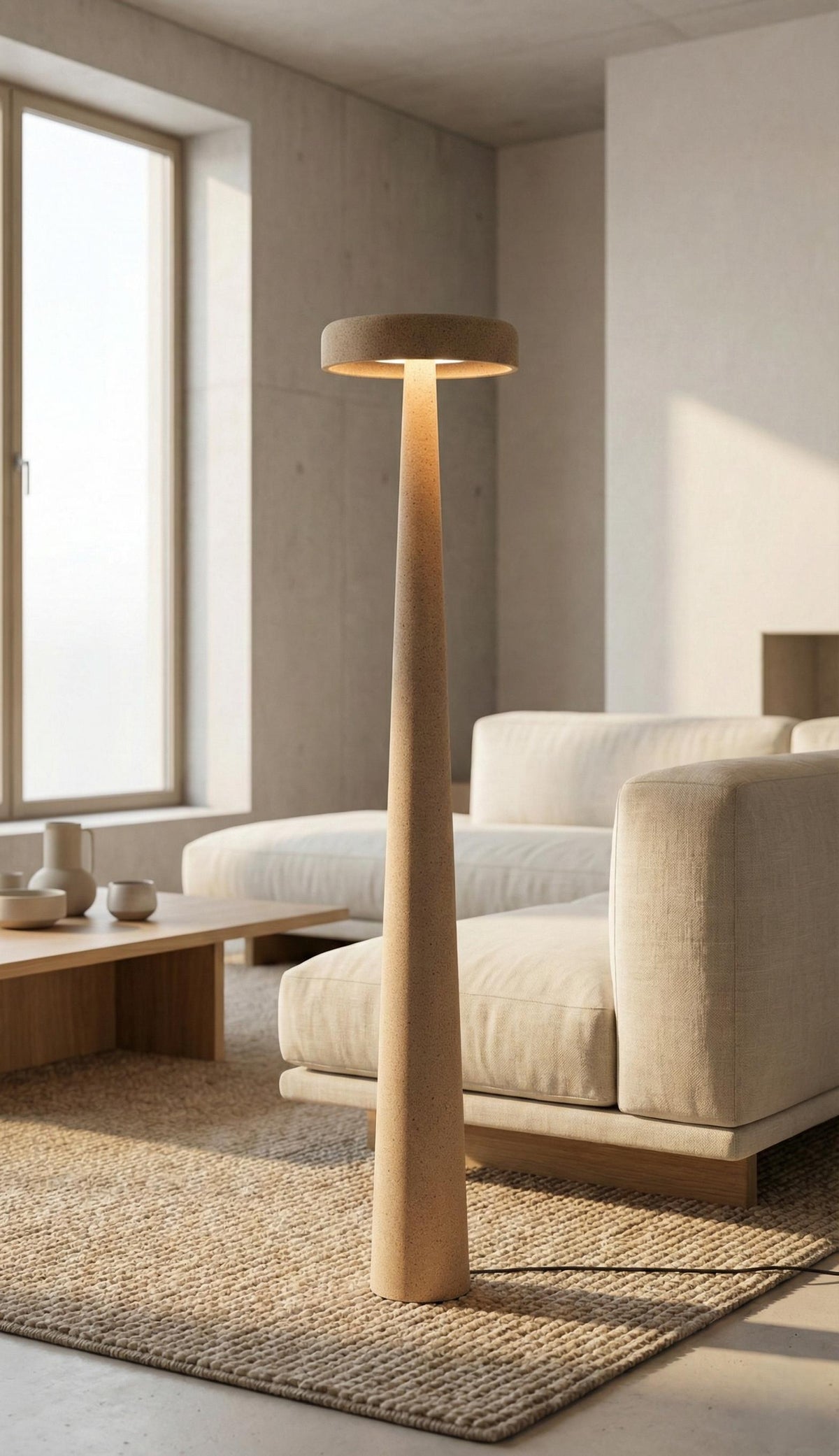 MonoMush Floor Lamp No.99 — a handmade sculptural floor lamp with a stone-effect plaster finish over a high-density foam body