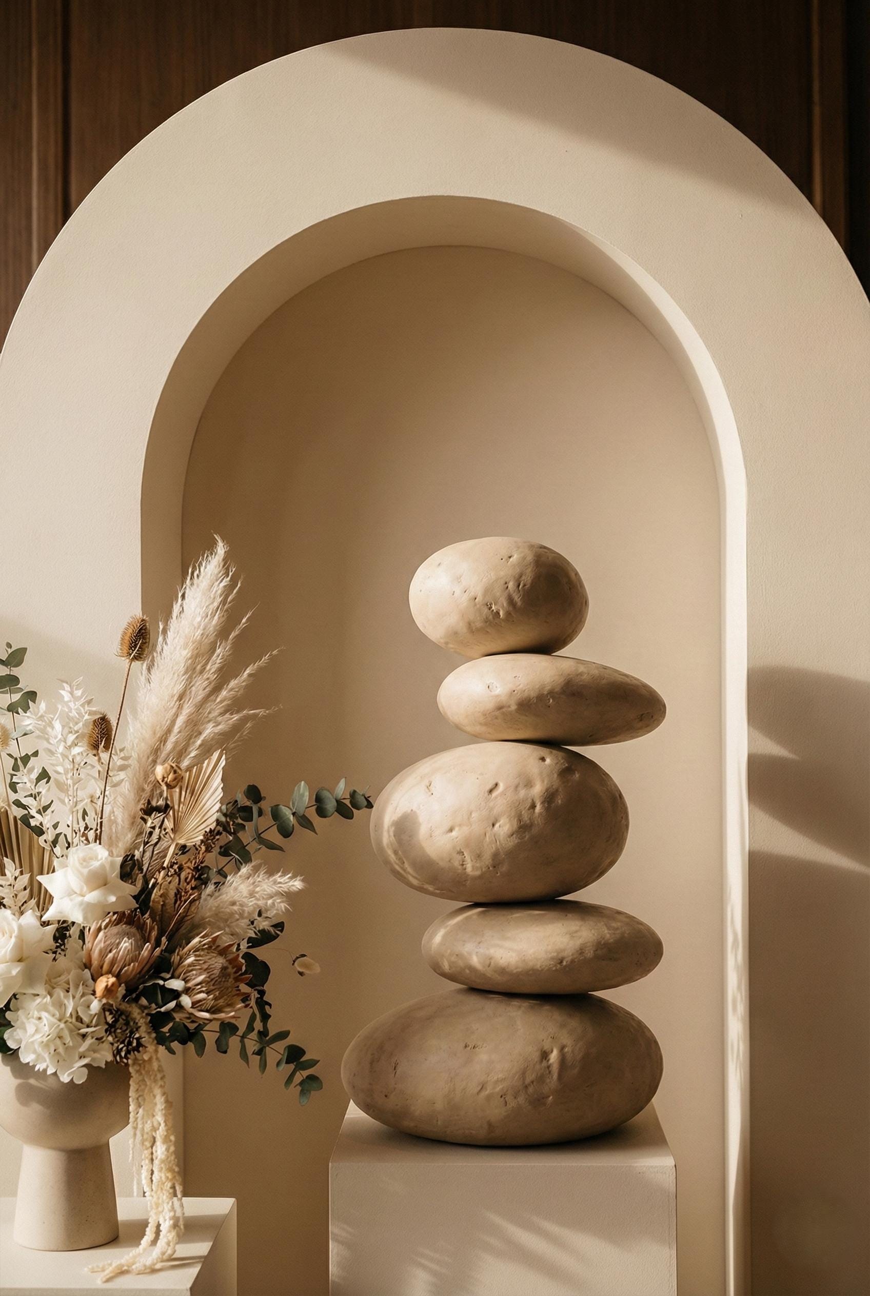 Handcrafted Stacked Pebble Totem - Organic Statement Textured Floor Sculpture - Wabi Sabi Modern Decor