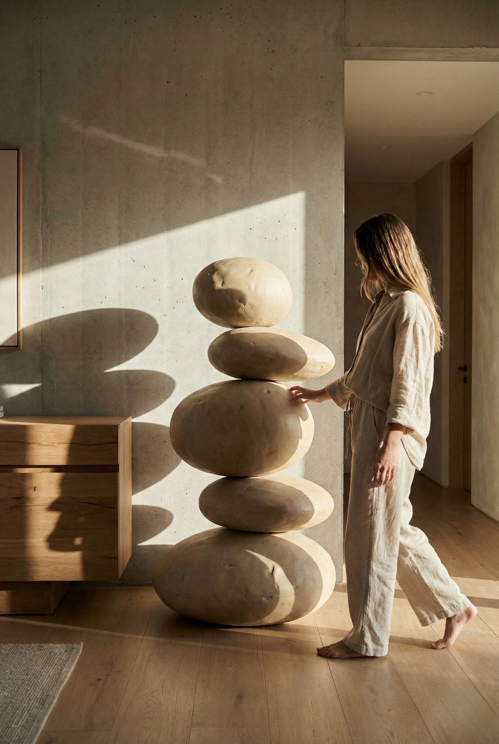Handcrafted Stacked Pebble Totem - Organic Statement Textured Floor Sculpture - Wabi Sabi Modern Decor