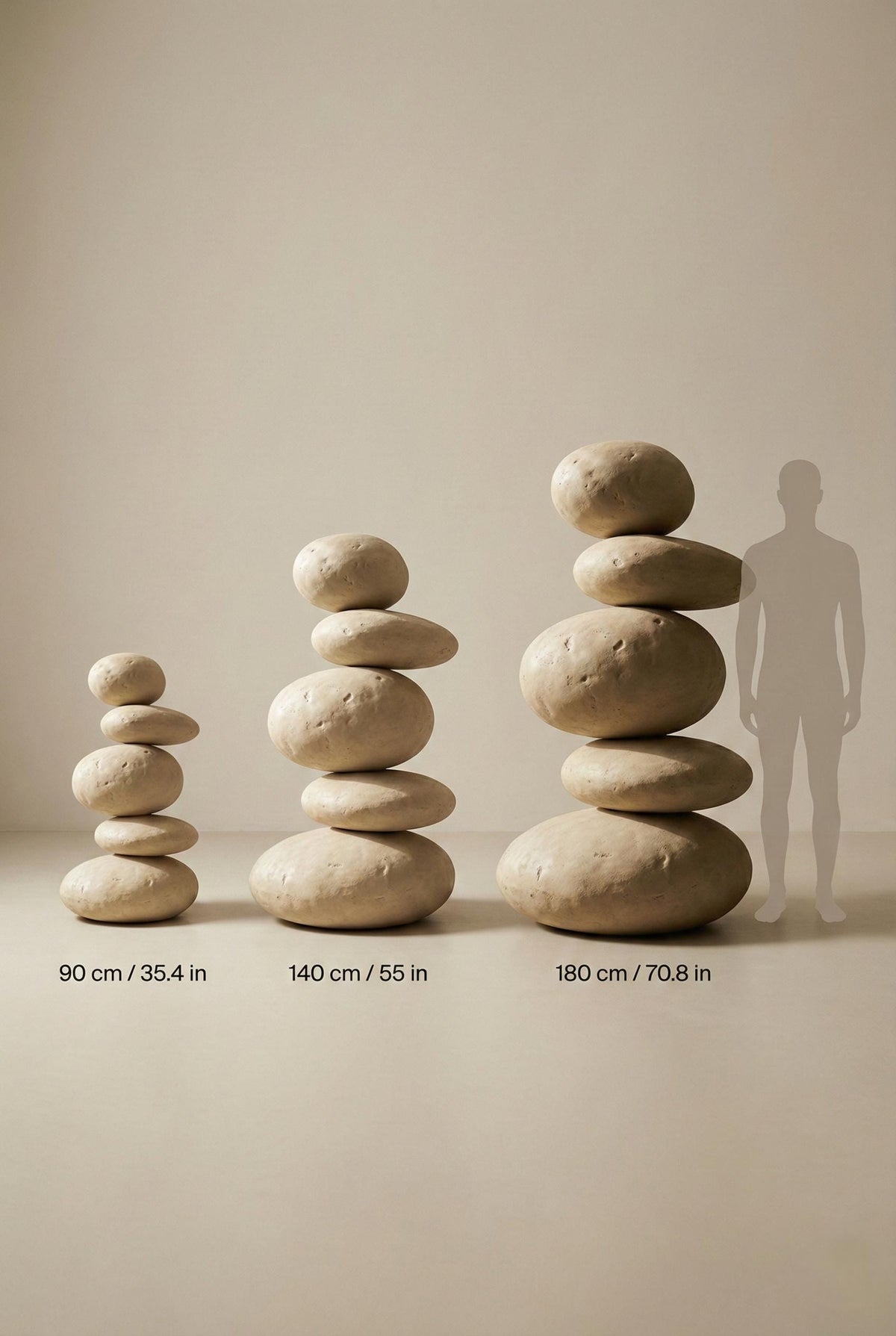 Organic Pebble Totem — a handcrafted stacked pebble floor sculpture with a textured mineral plaster surface, made in 90–180 cm