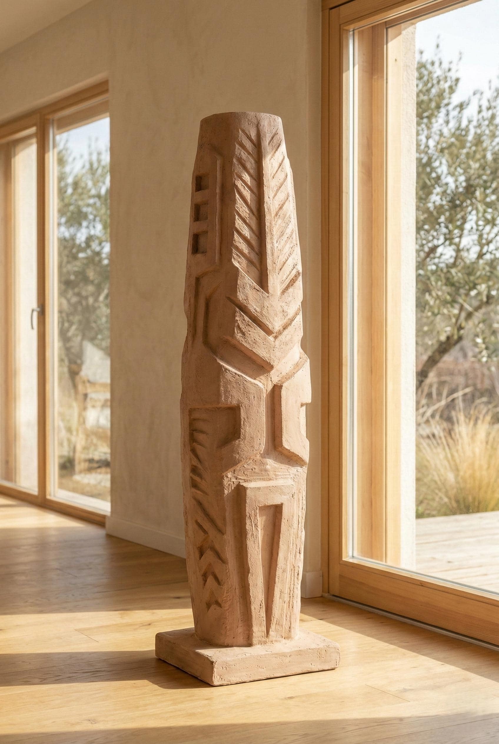 Handcrafted Large Sculptural Totem Floor Statue – Textured Mineral Plaster Art Piece – Modern Decor