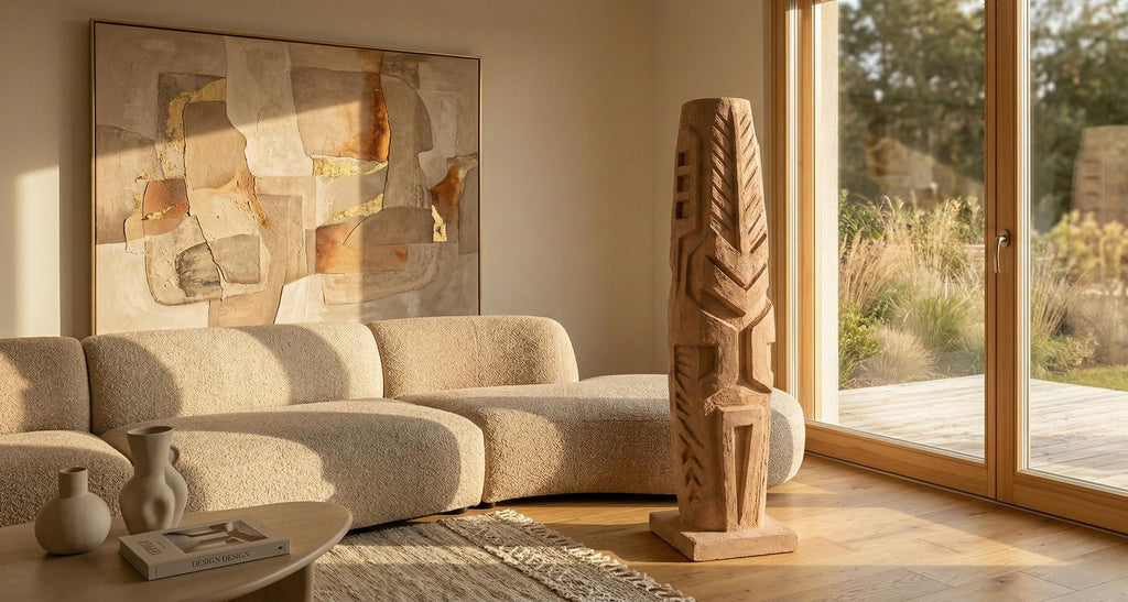 Handcrafted Large Sculptural Totem Floor Statue – Textured Mineral Plaster Art Piece – Modern Decor