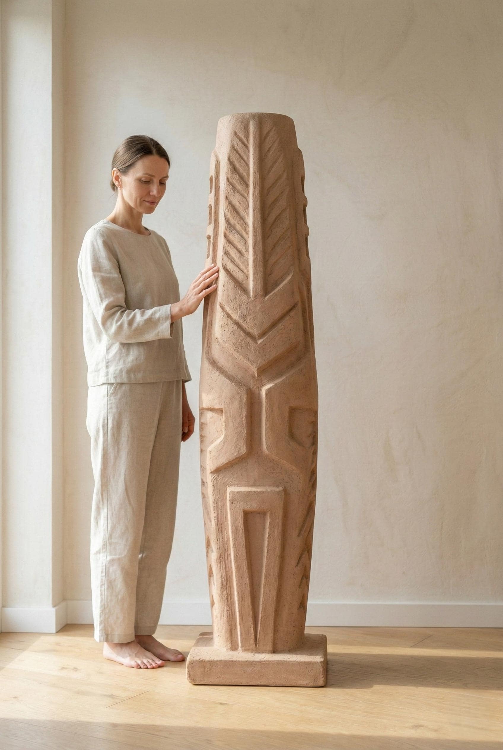 Handcrafted Large Sculptural Totem Floor Statue – Textured Mineral Plaster Art Piece – Modern Decor