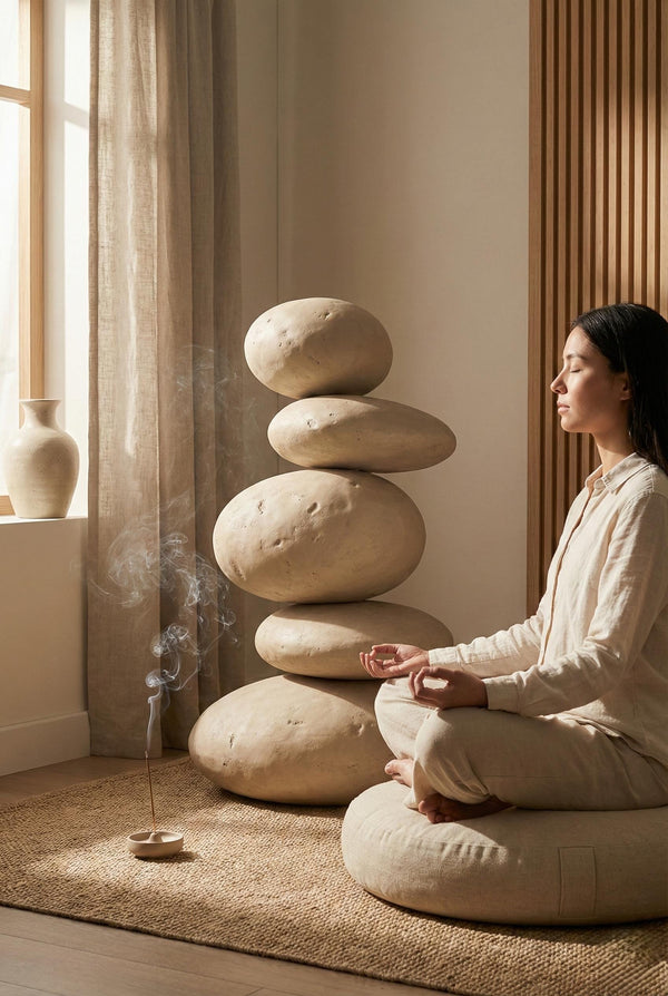 Handcrafted Stacked Pebble Totem - Organic Statement Textured Floor Sculpture - Wabi Sabi Modern Decor