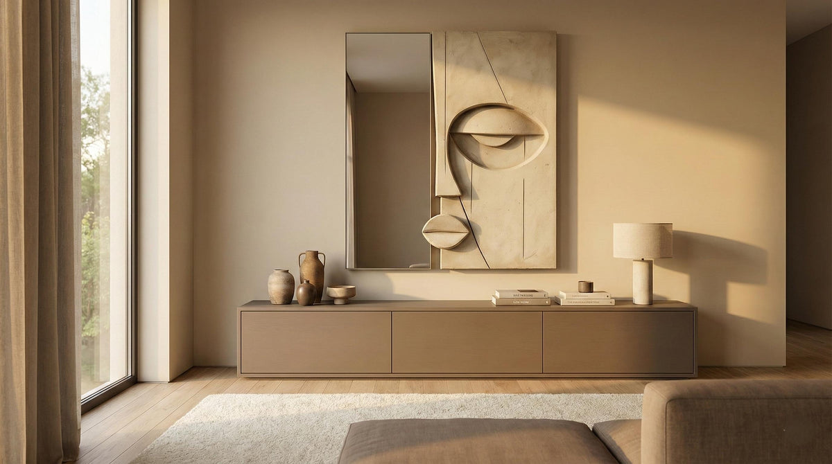 Sculptural Plaster Mirror — a handcrafted wall mirror with a hand-troweled mineral plaster frame and real glass