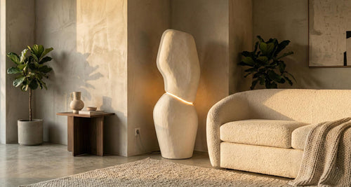 Monolith Totem Light — a handmade sculptural floor lamp with a plaster-finished monolithic body and warm LED strip, made in 90–180 cm