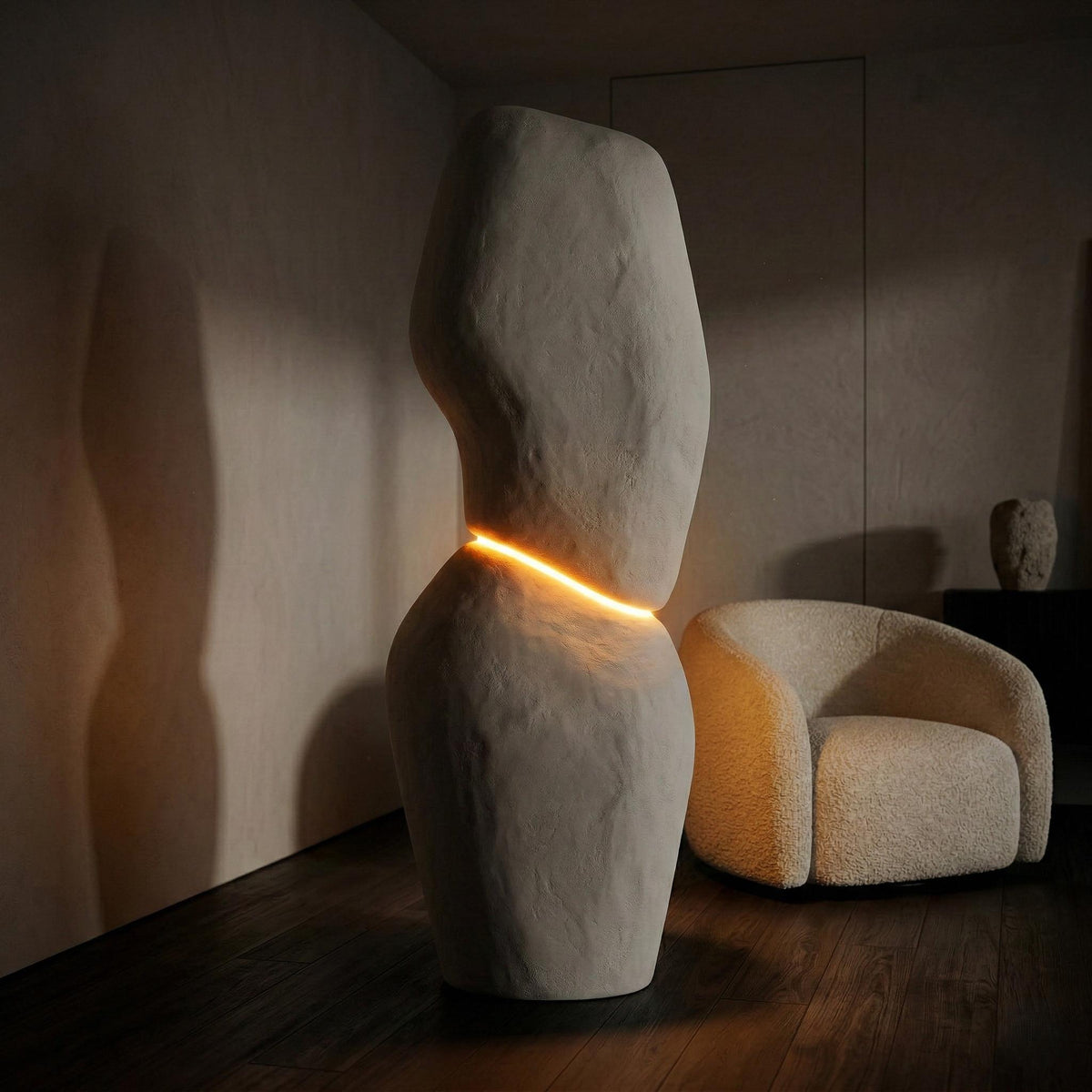 Monolith Totem Light — a handmade sculptural floor lamp with a plaster-finished monolithic body and warm LED strip, made in 90–180 cm