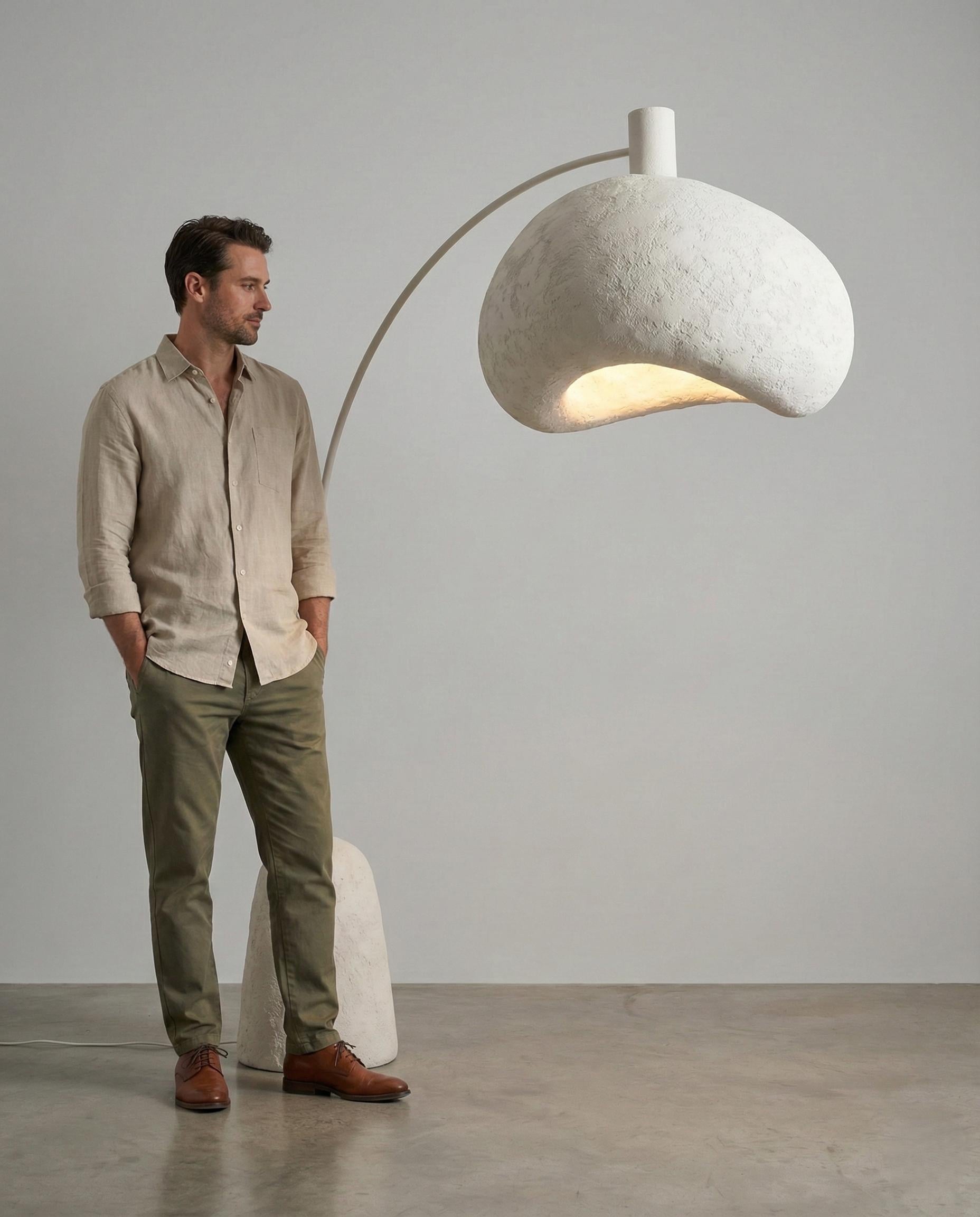 Handcrafted Sculptural Plaster Arc Floor Lamp  – Modern Wabi Sabi Lighting
