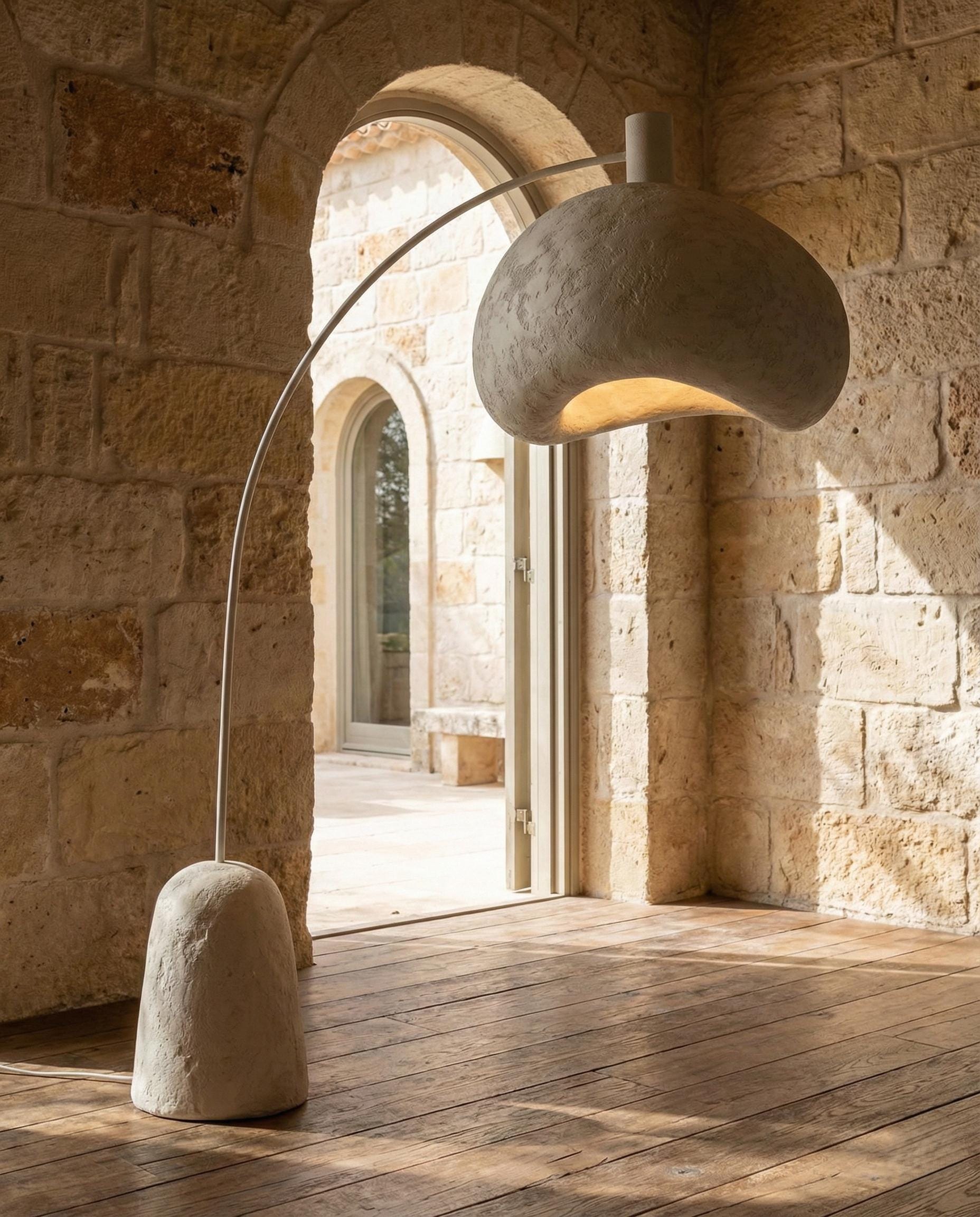 Handcrafted Sculptural Plaster Arc Floor Lamp  – Modern Wabi Sabi Lighting