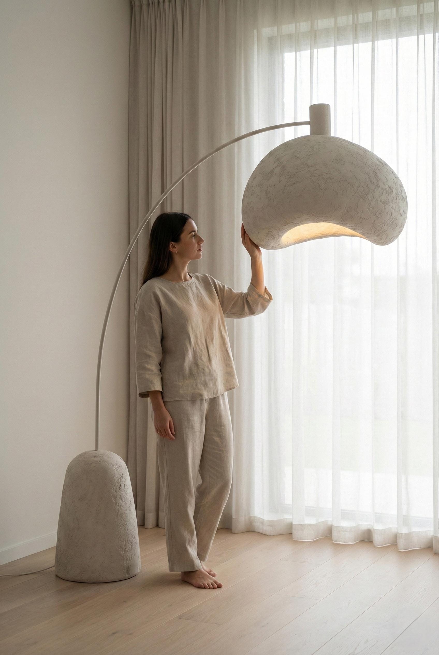 Handcrafted Sculptural Plaster Arc Floor Lamp  – Modern Wabi Sabi Lighting