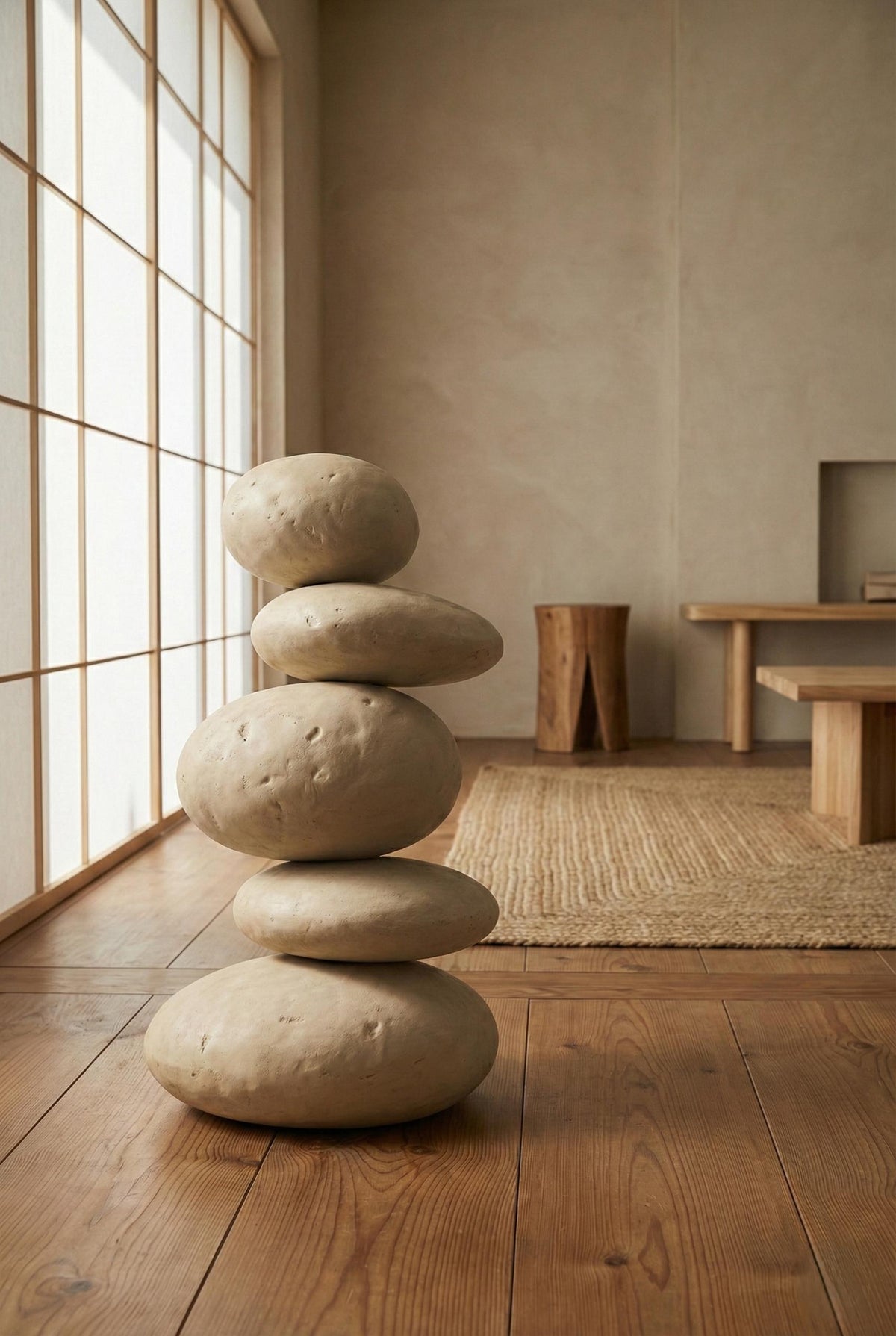 Organic Pebble Totem — a handcrafted stacked pebble floor sculpture with a textured mineral plaster surface, made in 90–180 cm
